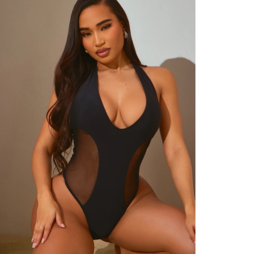 Black mesh one piece bathing suit